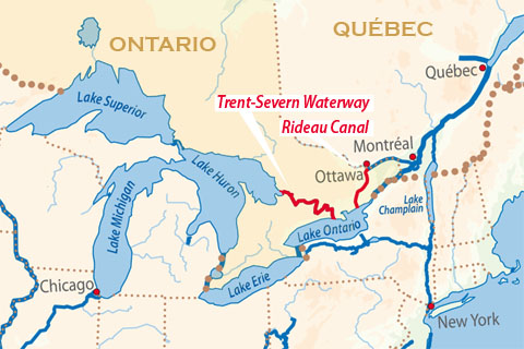 Locations of the Trent-Severn Waterway and Rideau Canal