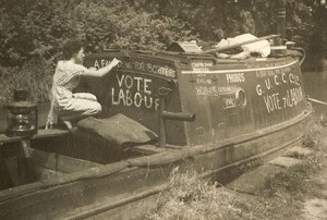 Sonia in about June 1945 drawing political slogans on the cabin of her GUCCC motor Phobos. It was her political activism that attracted her to the newly founded IWA as being able to give articulate representation for saving canal carrying and improving the lot of the working boatmen. It was through her time on the IWA committee that her relationship developed with the canal author and co-IWA founder Tom Rolt.